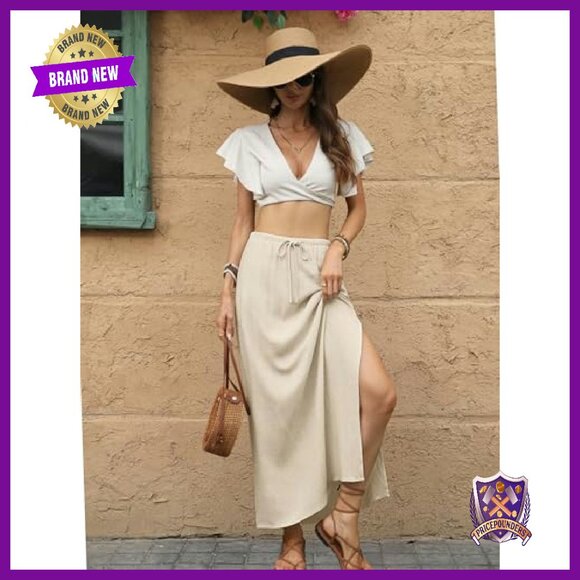 Linen Maxi Skirt with Pockets, Elastic Waist, Side Slit, Flowy Ankle-Length - Picture 5 of 8